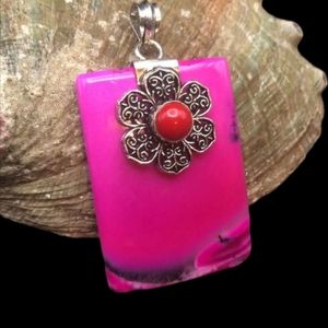 Unique bright pink dendrite opal with coral set in 925 Silver( Handcrafted) 2.4